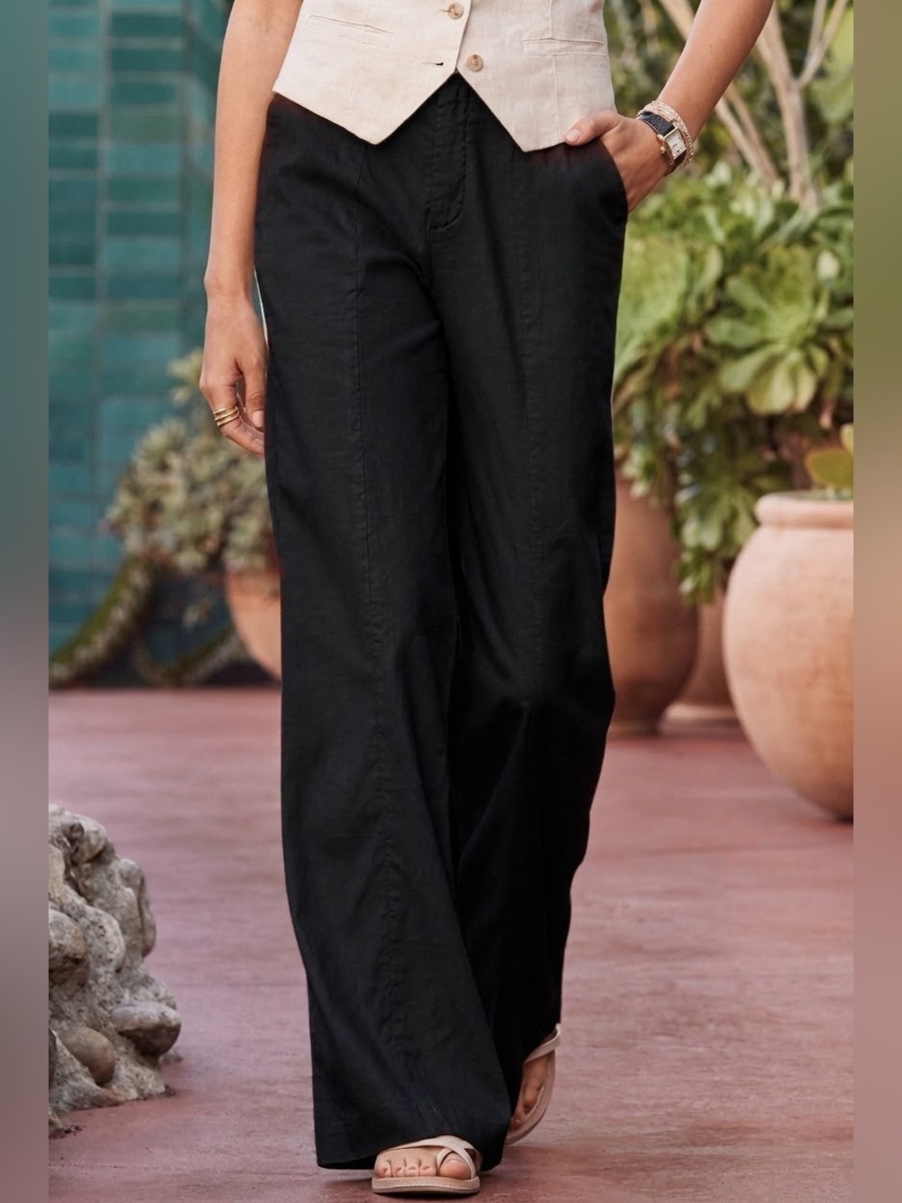 EVEREVE Pleated Linen Blend Trousers Black Resort , size 29